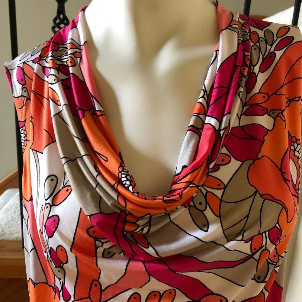 Worthington Sleeveless Cowl Neck Floral Poly BlendTop Pink Orange Wht Tan Size S